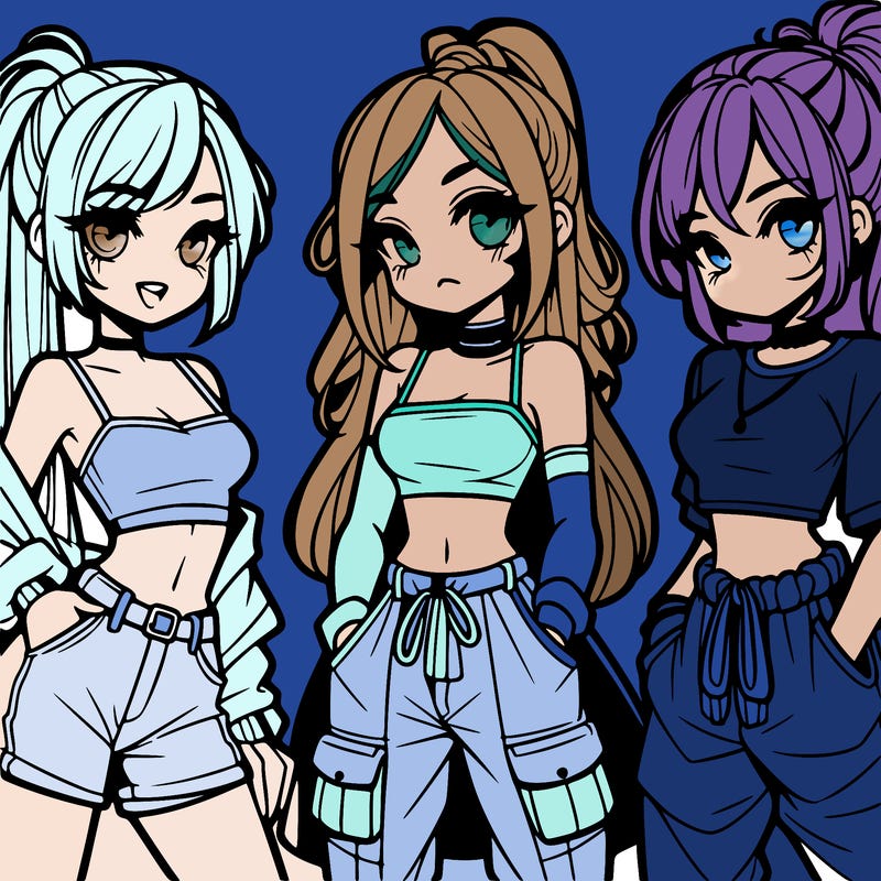 3 anime girls 1 with a crop top 2 with a ponytail 3 with a baggy pants
