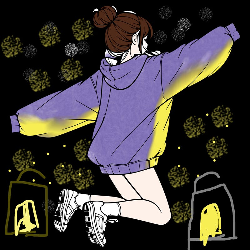 realistic girl jumping with a bun and oversized sweatshirt