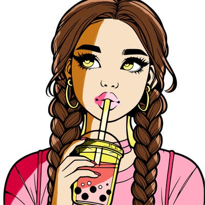realistic girl with braided hair drinking boba