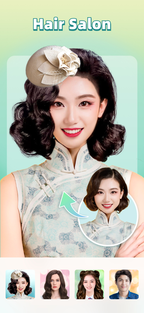 Piscmate - Photo Editor - Piscmate photo editor app hair salon feature demonstrating virtual hairstyles and hair accessories trial