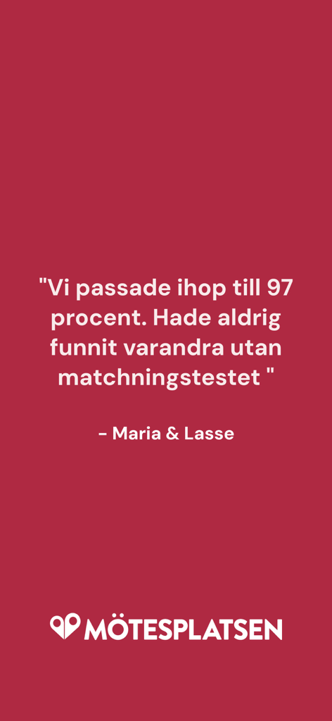 A testimonial quote from a couple on the Motesplatsen dating app highlighting a 97 percent match through the matching test.