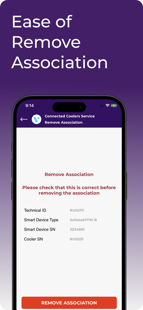 Screenshot of the Connected Coolers Service app showing the interface to remove an association between a smart device and a cooler unit