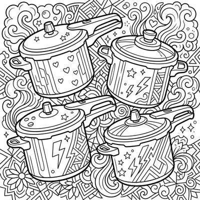 Explore a dynamic collection of modern pressure cookers, intricately designed for teen coloring enthusiasts. This engaging page features sleek kitchenware adorned with cool patterns, set against a backdrop of swirling steam and abstract motifs.