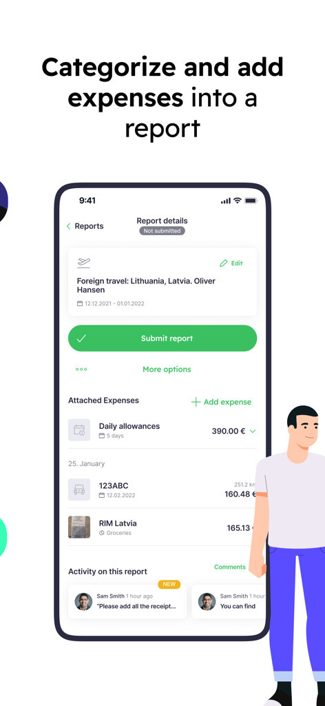 Envoice app interface showing an expense report with categorized business expenses and a submit button