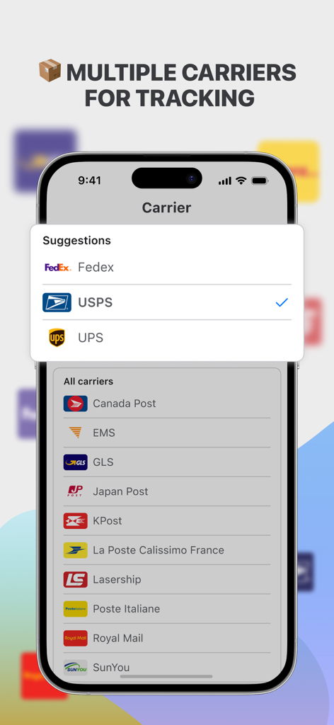 A screen showing the list of supported shipping carriers including USPS, FedEx, and UPS in the Universal Tracking app interface.