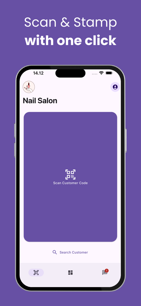 WinStamp Business - Interfaz de la app móvil WinStamp Business mostrando la pantalla de escaneo de código del cliente para un programa de fidelización digital de salón de uñas