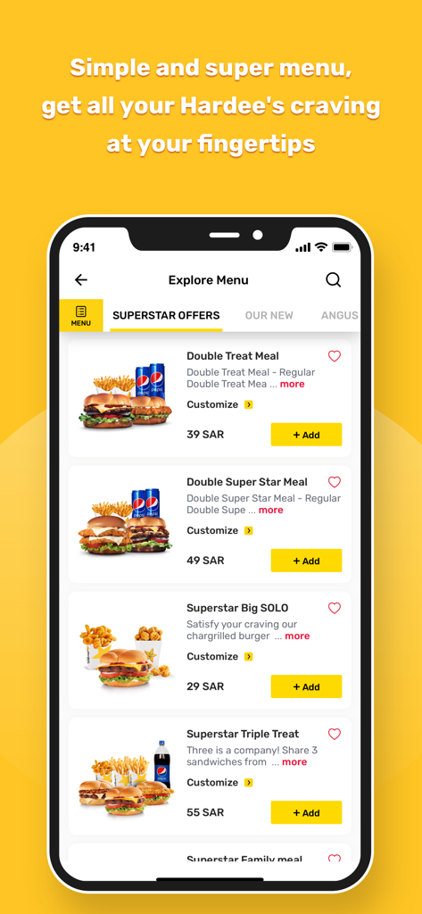 Hardee's Saudi Arabia - Online - Hardee's Saudi Arabia app menu interface displaying Superstar burger meal offers and prices.