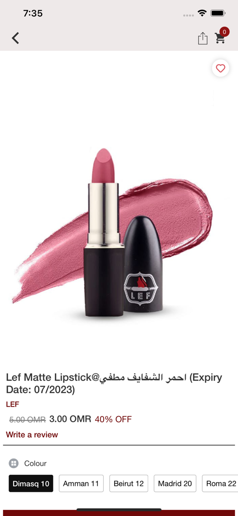 BROONZE - Product page for Lef Matte Lipstick on the BROONZE shopping app featuring a pink shade and discount details.