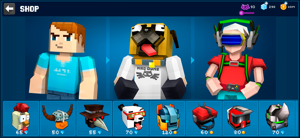 Negozio di gioco Mad GunS che mostra varie skin di personaggi pixel art e caschi stravaganti