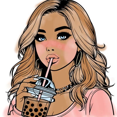 realistic girl drink a boba