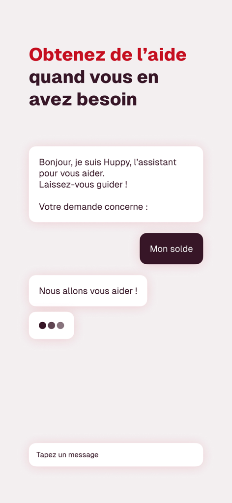 Interface of the UpCadhoc app chatbot named Huppy assisting a user with their balance
