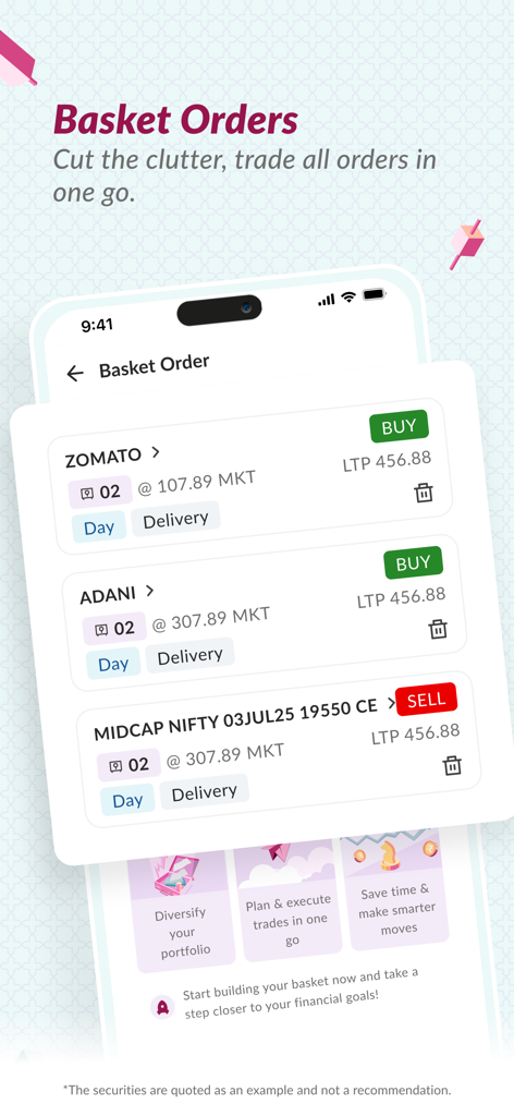 Axis Direct Trader - Interface of the Axis Direct Trader app showing the Basket Orders feature for simultaneous stock trading