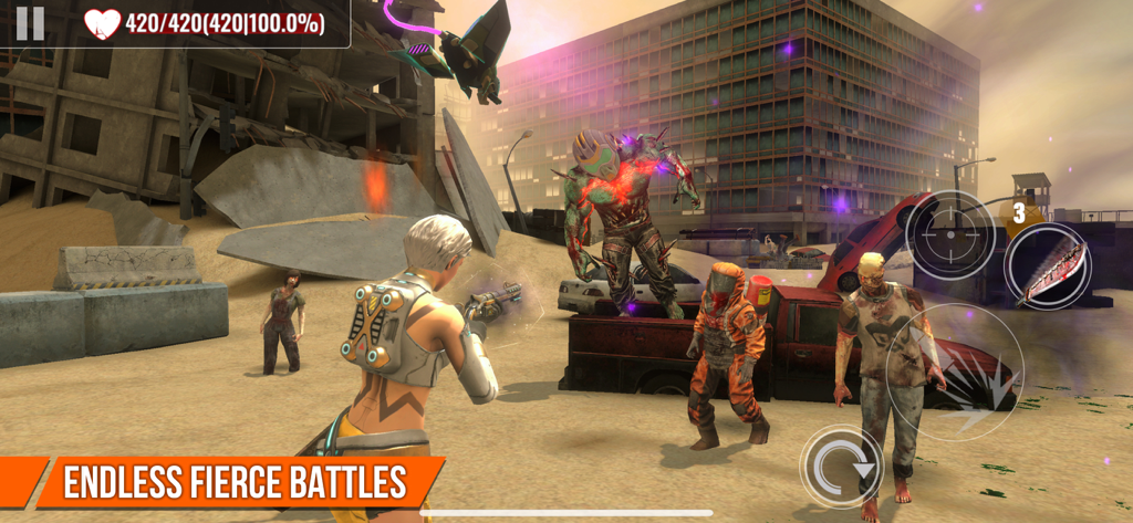 Gameplay screenshot of Zombie Hunter showing a female survivor fighting various zombies in a post-apocalyptic city