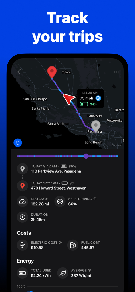 Tessie — For your Tesla - Tessie app interface showing detailed Tesla trip history with map route and driving statistics