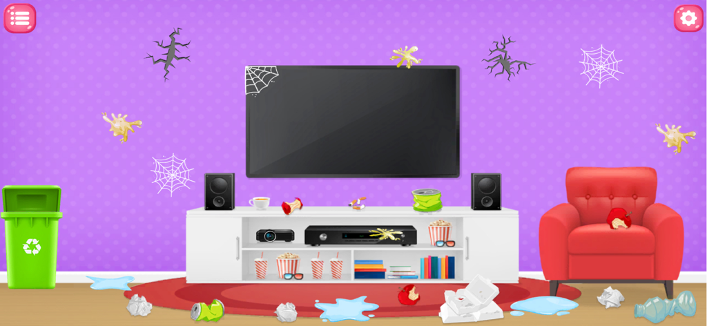 Doll Home: ASMR Cleaning Games - A messy living room with trash and spider webs in a doll house cleaning game