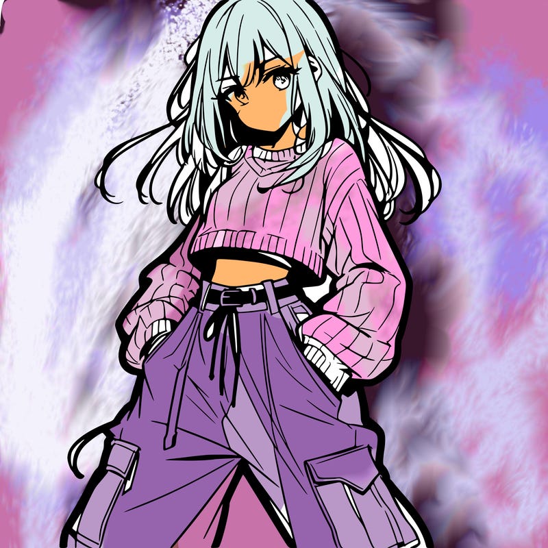 anime teen girl with baggy pants and crop top with sweater
