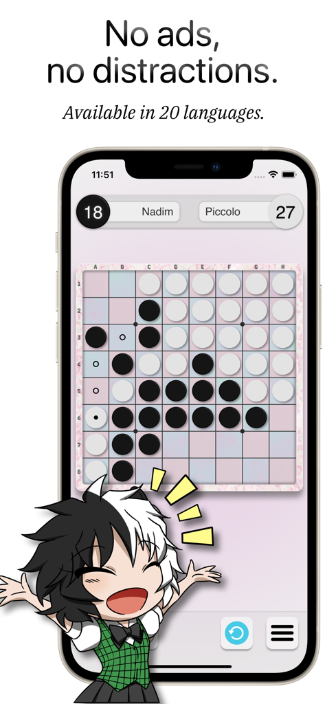 Piccolo: Othello - Piccolo Othello 모바일 게임 인터페이스 스크린샷으로 깔끔한 보드와 귀여운 애니메이션 마스코트가 특징입니다.
