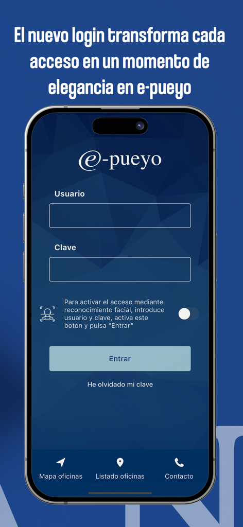 e-pueyo - Pantalla de inicio de sesión de la banca móvil e-pueyo mostrando campos para nombre de usuario y contraseña