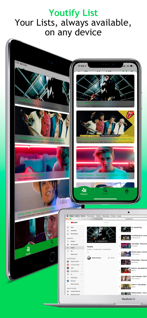 Youtify music app interface showing synchronized playlists across an iPhone iPad and MacBook Air