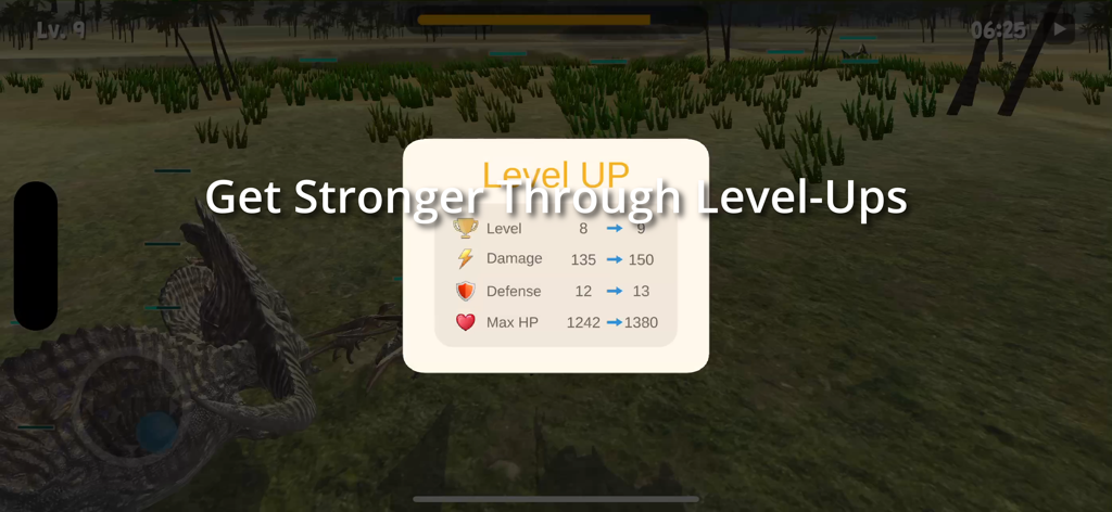 Dinosaur Game - Raptor Pack - Level up screen in the Raptor Pack dinosaur game showing increased stats for damage defense and HP