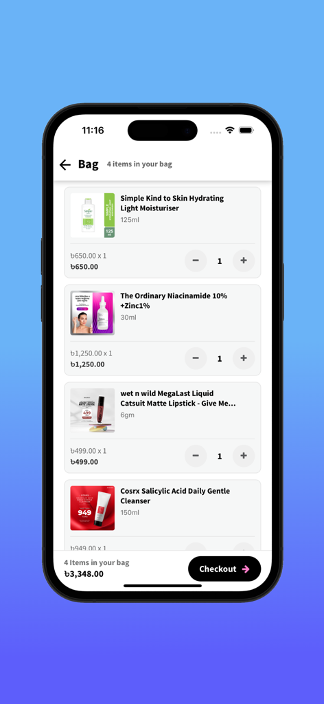 Shajgoj - A interface da sacola de compras do aplicativo Shajgoj exibindo vários produtos de beleza e um botão de checkout.