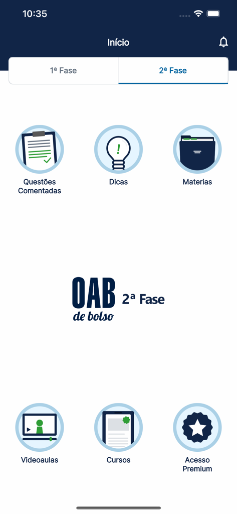 Aplicativos de Bolso para OAB - Home screen of the OAB de Bolso mobile app showing study categories for the Brazilian Bar exam including commented questions and video classes