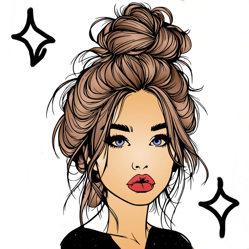realistic girl with a messy bun and she has lips