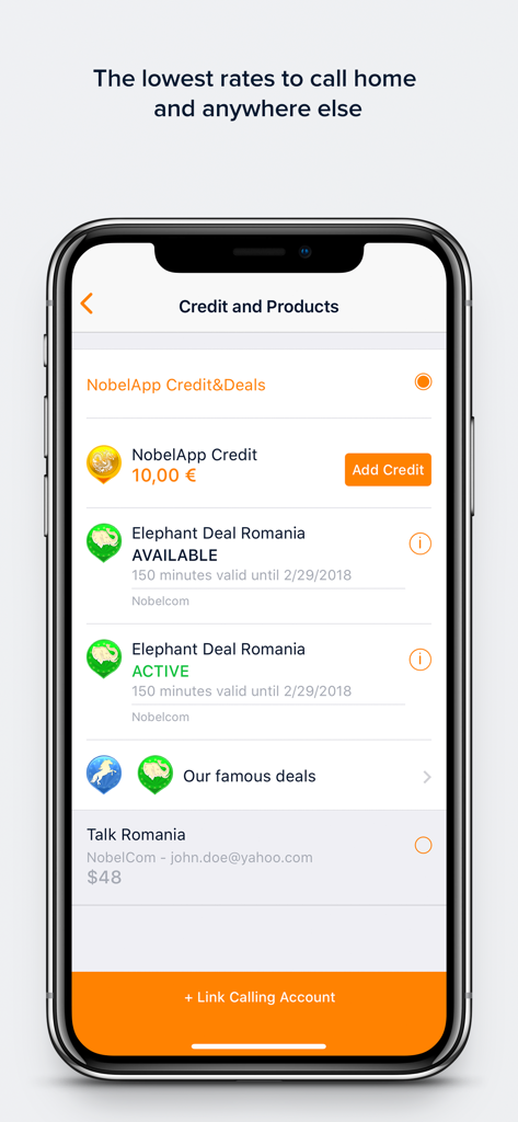 NobelApp Calls and Top Ups - NobelApp screen showing international calling credit and special deals for Romania