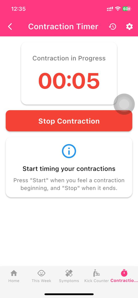 Pregnancy Calculator & Tracker - Interface of the Pregnancy Calculator and Tracker app showing a contraction timer in progress with a stop button.