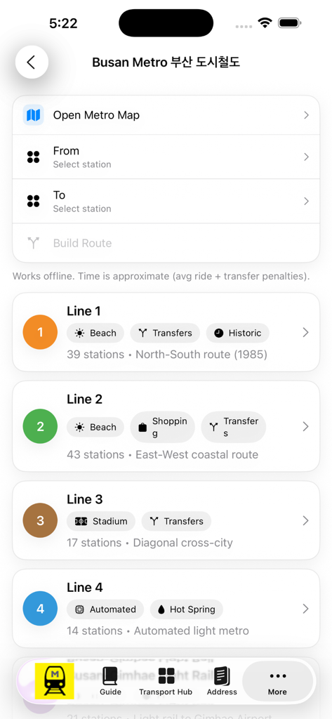 Busan Subway Map - Busan Subway Map app interface displaying subway lines and route planner