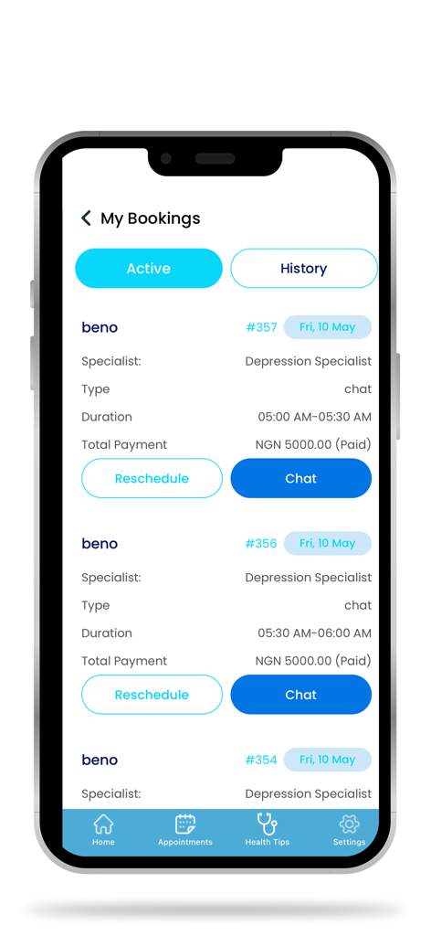 TeleDoc App - TeleDoc App My Bookings screen on a smartphone showing a list of active virtual medical consultations and chat options.