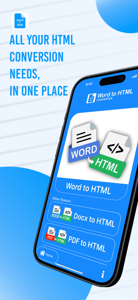 iPhone affichant l'application Convertisseur Word en HTML avec des options pour la conversion de documents Word Docx et PDF