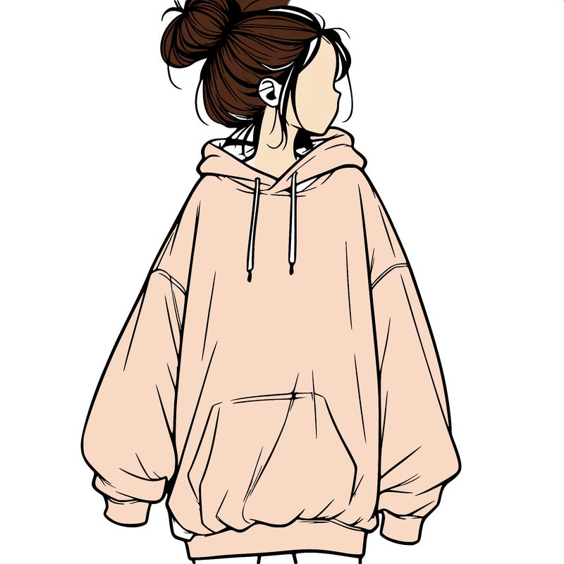 realistic girl with a oversized sweatshirt on and a bun