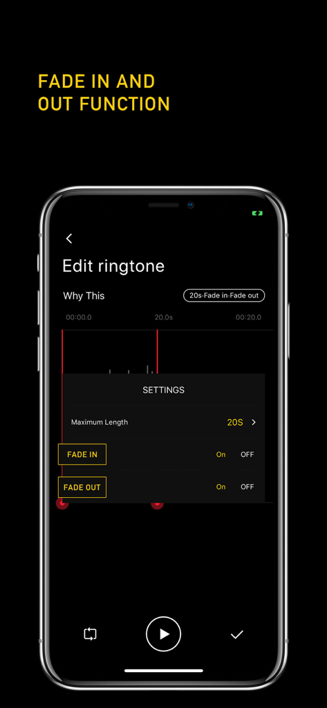 Ringtone Maker + - Interfaccia dell'app Ringtone Maker che mostra le impostazioni di dissolvenza audio in entrata e in uscita