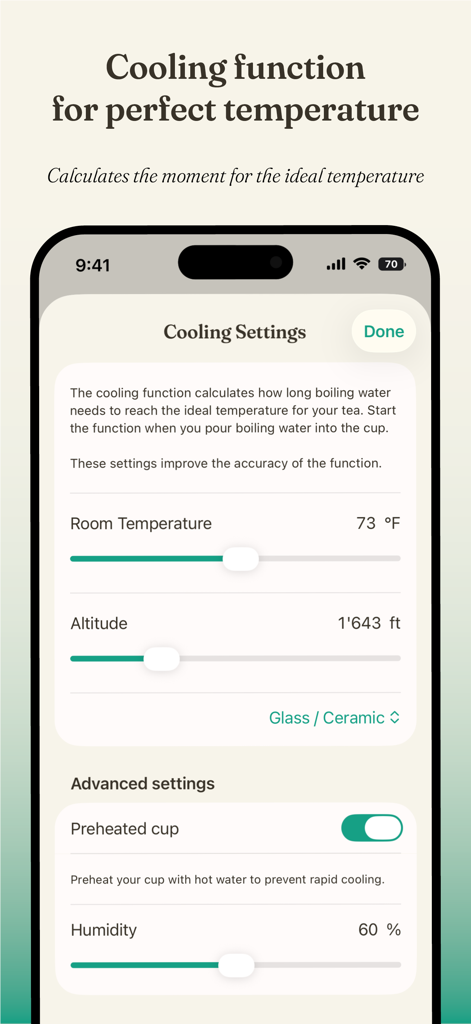 Tea Me - Tea Timer - Interface da função de resfriamento no aplicativo Tea Me mostrando configurações de temperatura e altitude para um preparo perfeito