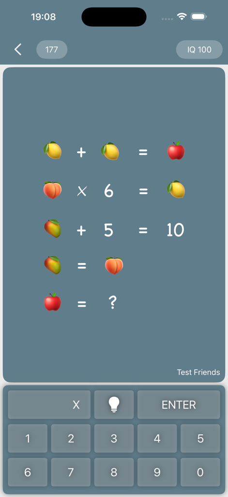Math Riddles: IQ Test Quiz - Math logic riddle using fruit emojis and numbers on a mobile screen with a keypad.