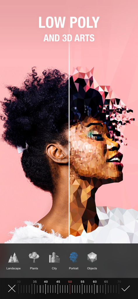 Camly: Photo Editor & Retouch - Before and after split screen showing a low poly geometric art filter on a woman portrait