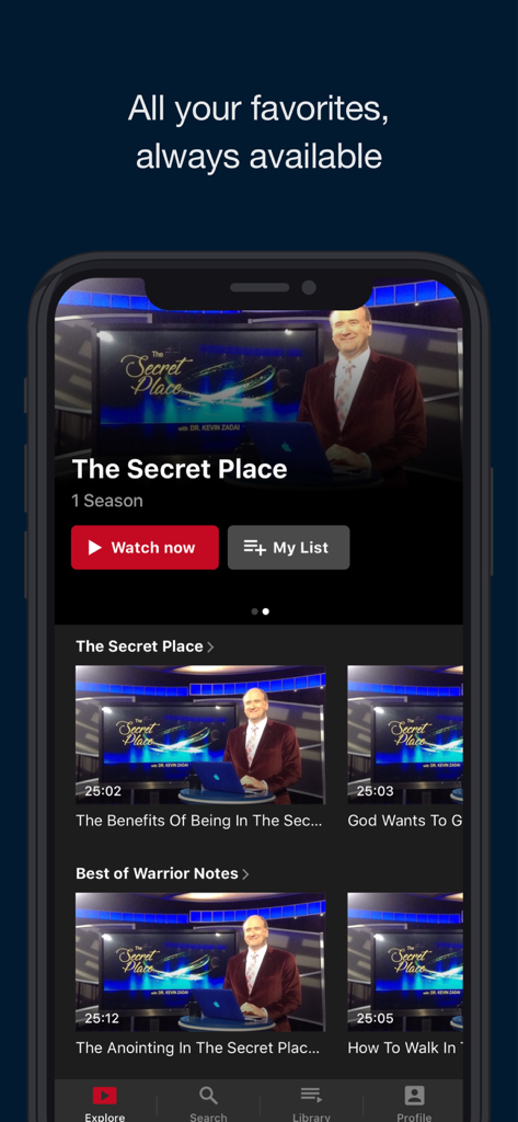 Warrior Notes TV mobile app interface showing a series titled The Secret Place with video thumbnails and spiritual content
