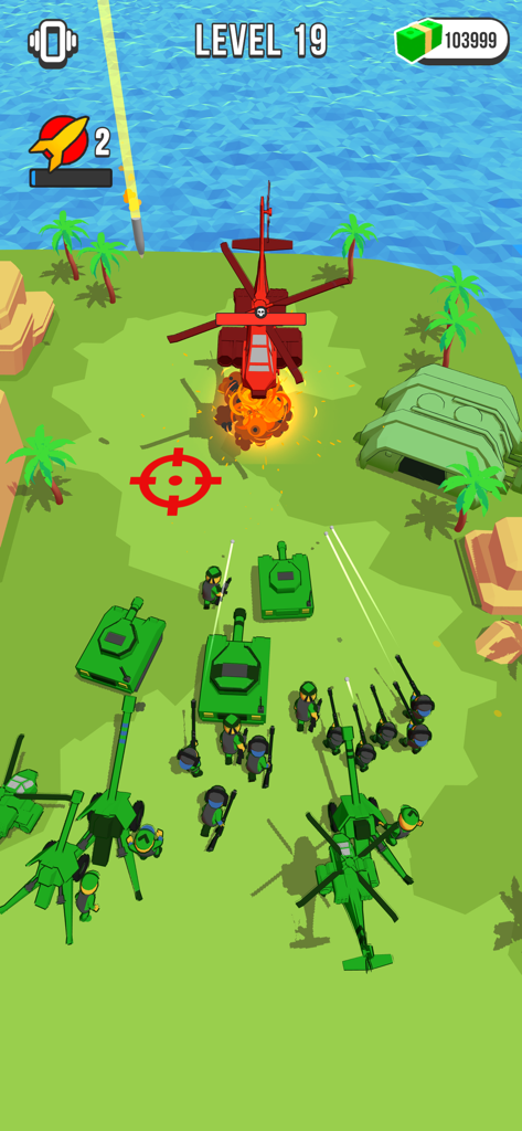 Epic Army Clash - Epic Army Clash gameplay showing green tanks and soldiers attacking a large red enemy helicopter on an island level