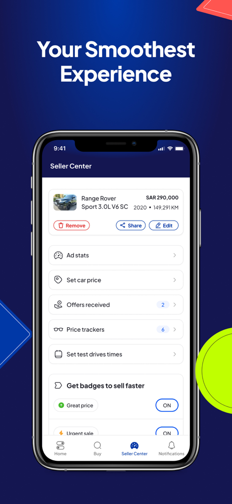 CarSwitch | Used Cars in KSA - CarSwitch mobile app interface for selling used cars in Saudi Arabia featuring a Range Rover listing and seller tools