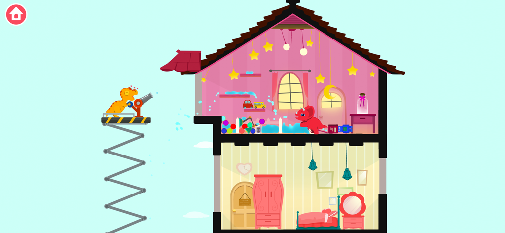 Dinosaur firefighter spraying water into a house to rescue a friend