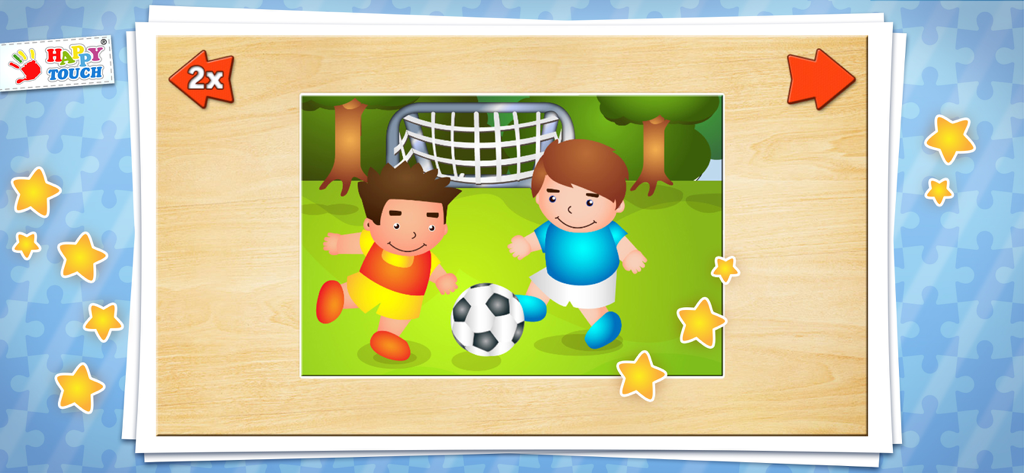 BOY-GAMES PUZZLE Happytouch® - A children's puzzle scene featuring two cartoon boys playing soccer in a park.