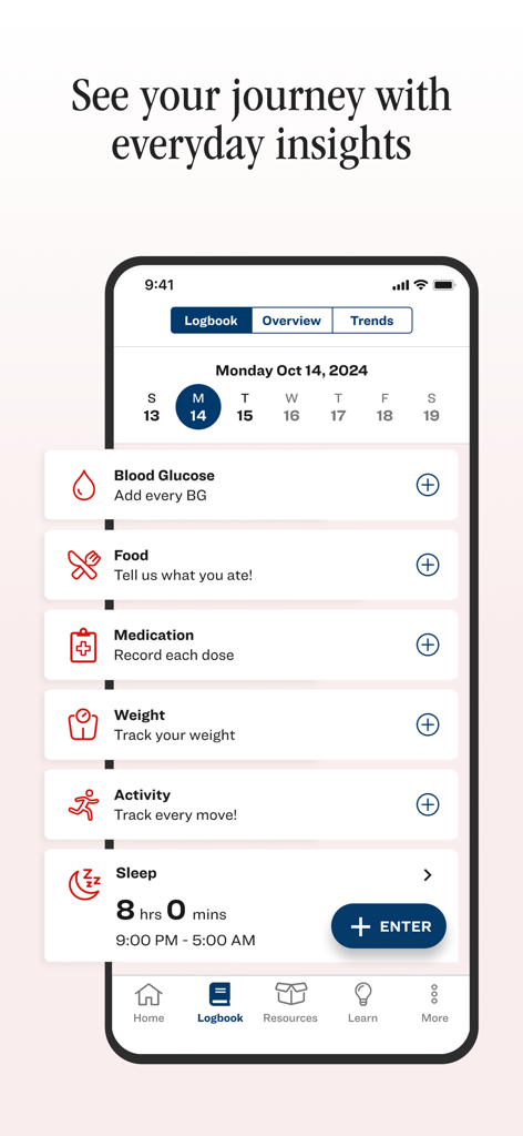 Pantalla del diario de la aplicación Lilly Health para registrar métricas de salud diarias como glucosa en sangre y medicación