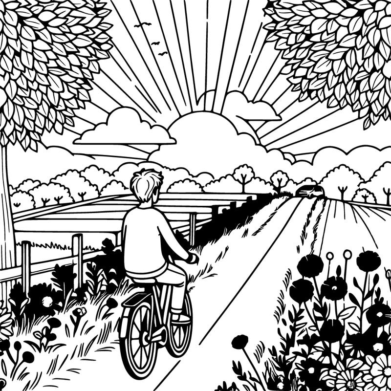 man riding bicycle on narrow path surrounded by green fields and flowers, warm sunlight