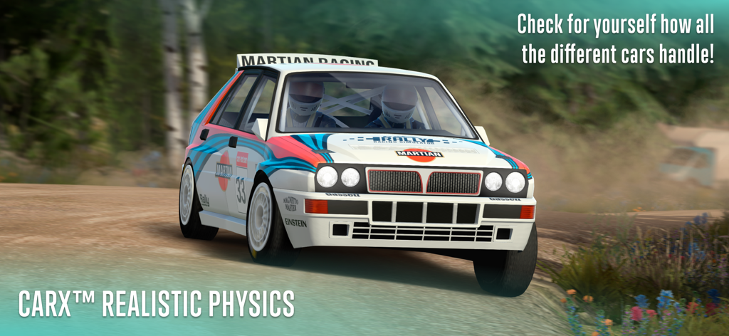 A white rally car racing on a dirt track showcasing realistic physics in CarX Rally