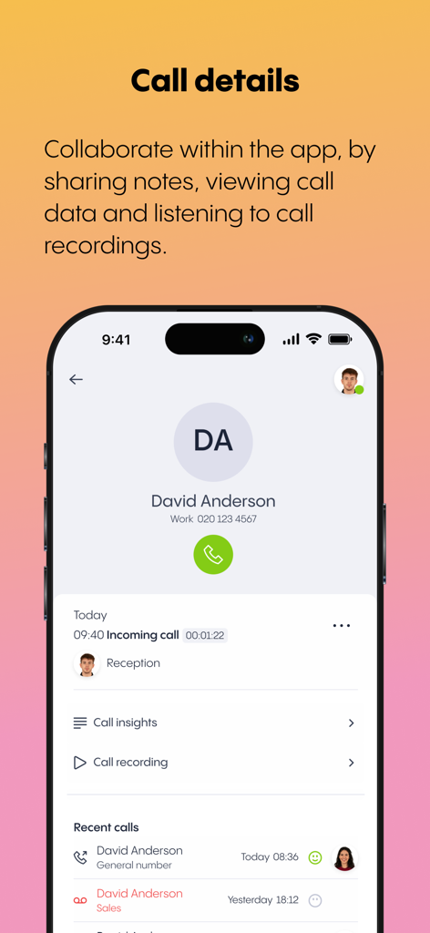 Rinkel - Mobile screenshot of the Rinkel app showing business call details including call insights and call recording features