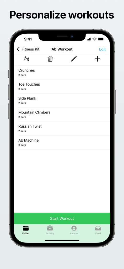 Smartphone screen displaying a custom ab workout list with sets tracking