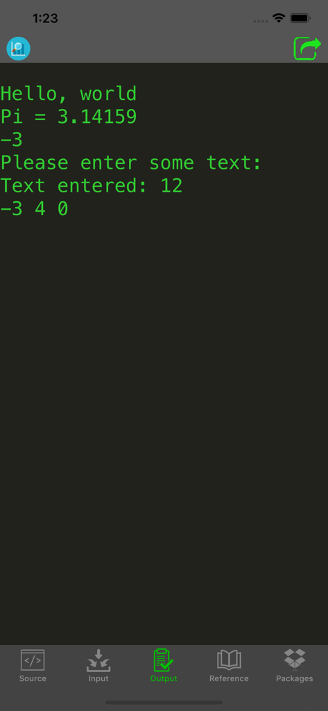 Screenshot of the Python Programming Interpreter app showing the console output with green text on a dark background.