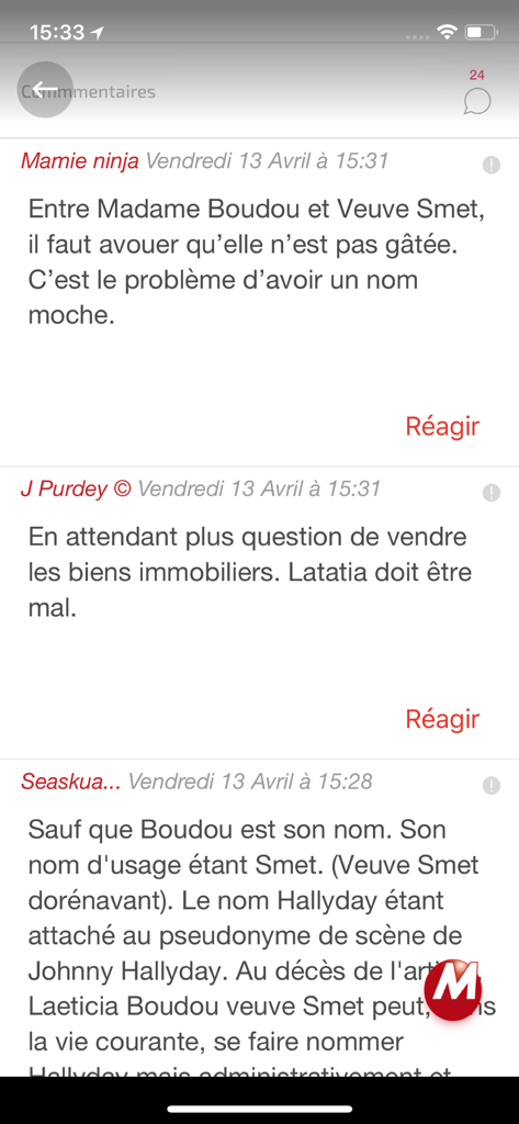 Interface of the Morandini Blog app showing the user comments and reactions section on a mobile device.