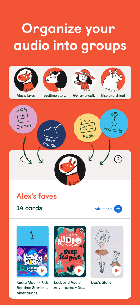 Interfaz de la app Yoto que muestra cómo los padres pueden organizar el contenido de audio en grupos personalizados como historias para dormir y listas de reproducción para niños